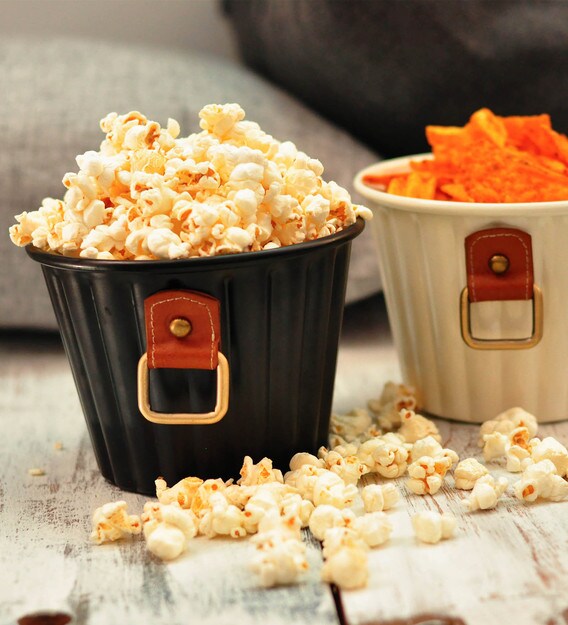 Buy Black Metal Leather Popcorn Bowl By Untold Homes Online
