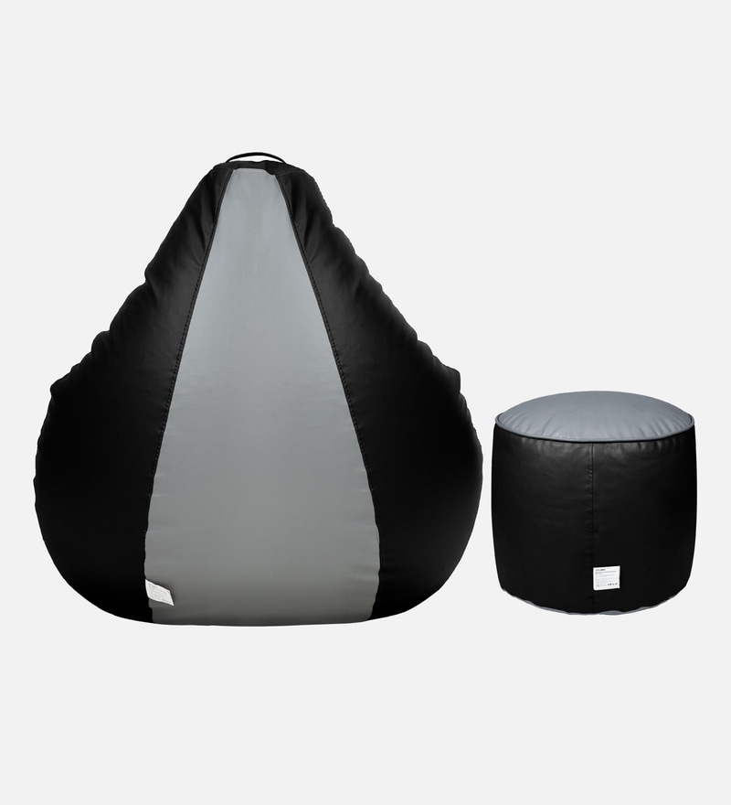 Buy Unique XXL Leatherette Bean Bag with Beans in Black & Grey Colour with Pouffe by