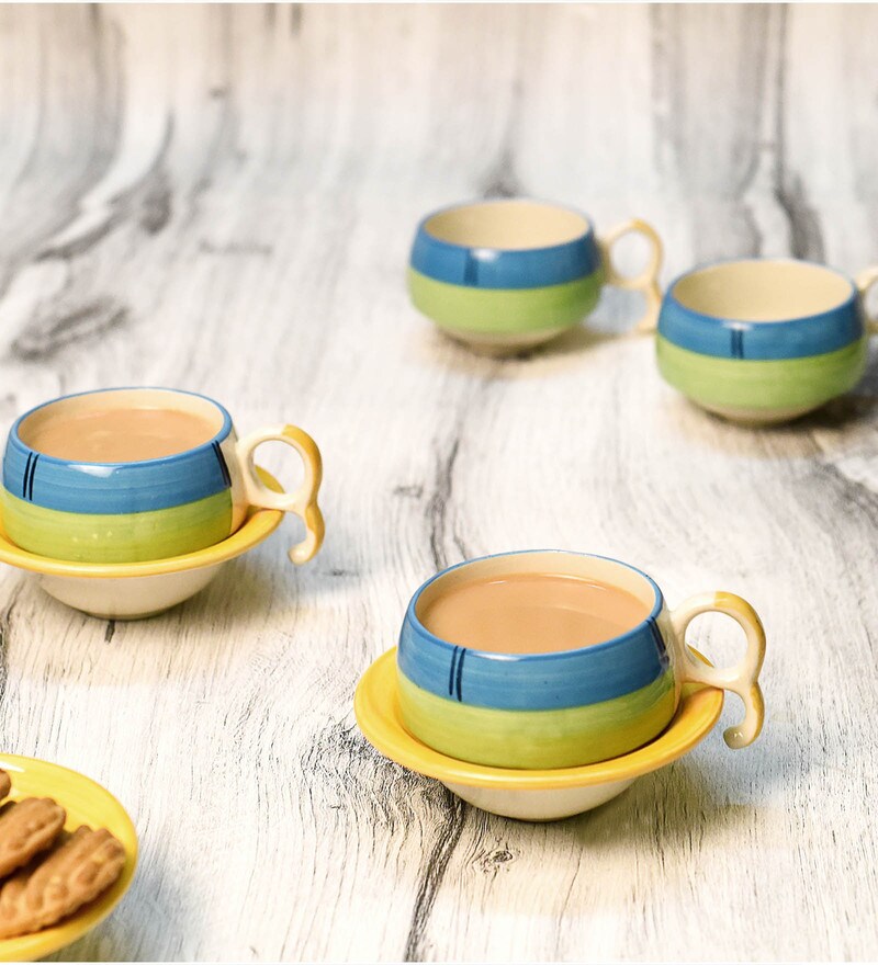Buy 150 ML Green Stoneware Cups & Saucers Set of 6 by Unravel India
