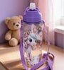Purple Unicorn Printed Plastic Water Bottle with Straw & Carrying Strap, 600 ml
