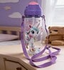 Purple Unicorn Printed Plastic Water Bottle with Straw & Carrying Strap, 600 ml