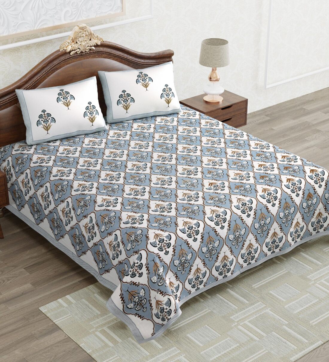 Buy Blue Floral 240 TC Cotton Queen Sized Bed Sheets with 2 Pillow