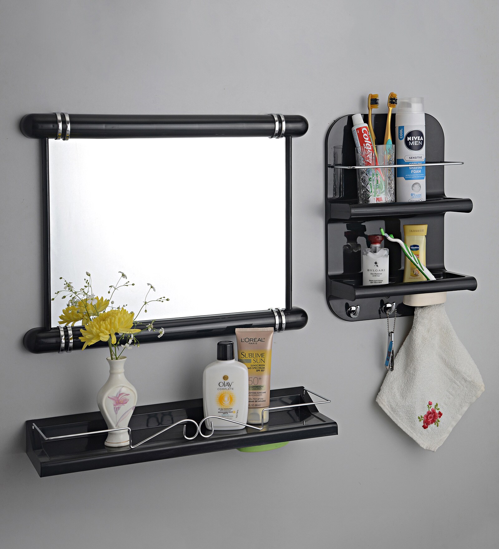 Buy Plastic Bathroom Mirror with Shower Caddy & Shelf in Black (L: 18 ...