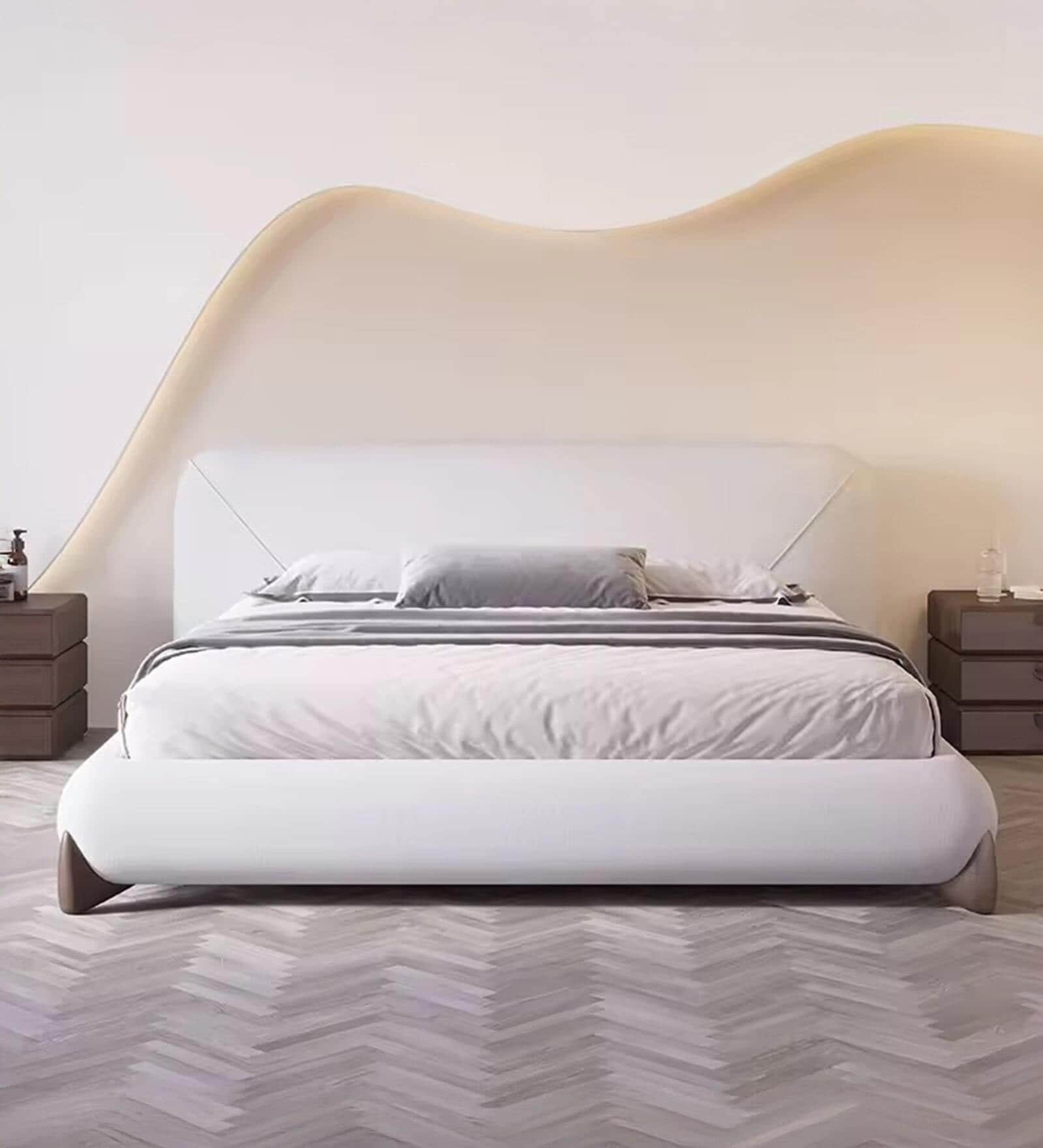 Upholstered King Size Bed in Ivory Finish