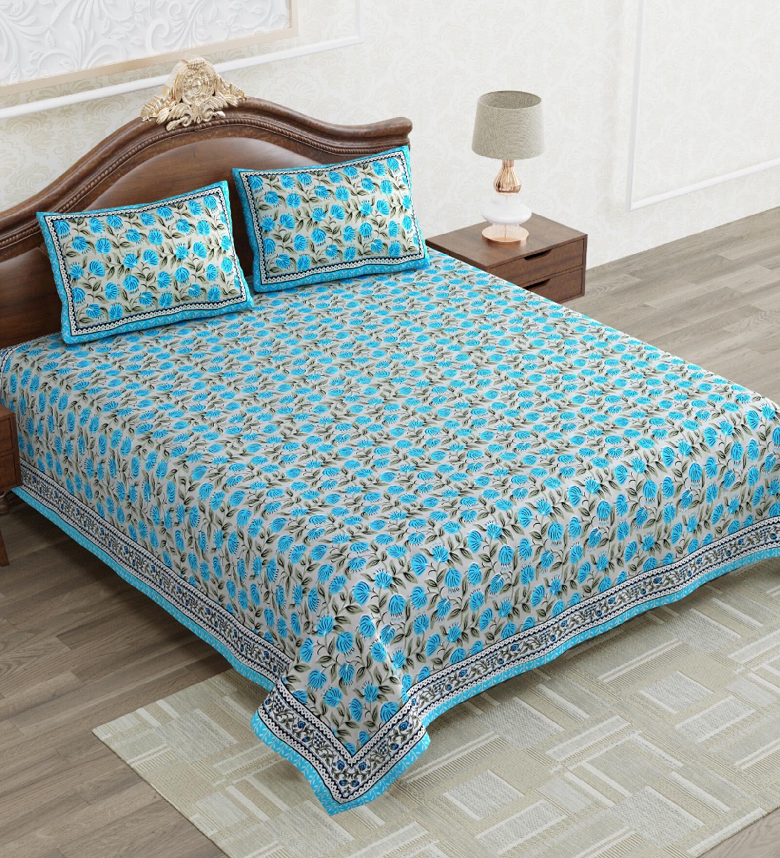 Buy Blue Floral 240 TC Cotton Queen Sized Bed Sheets with 2 Pillow