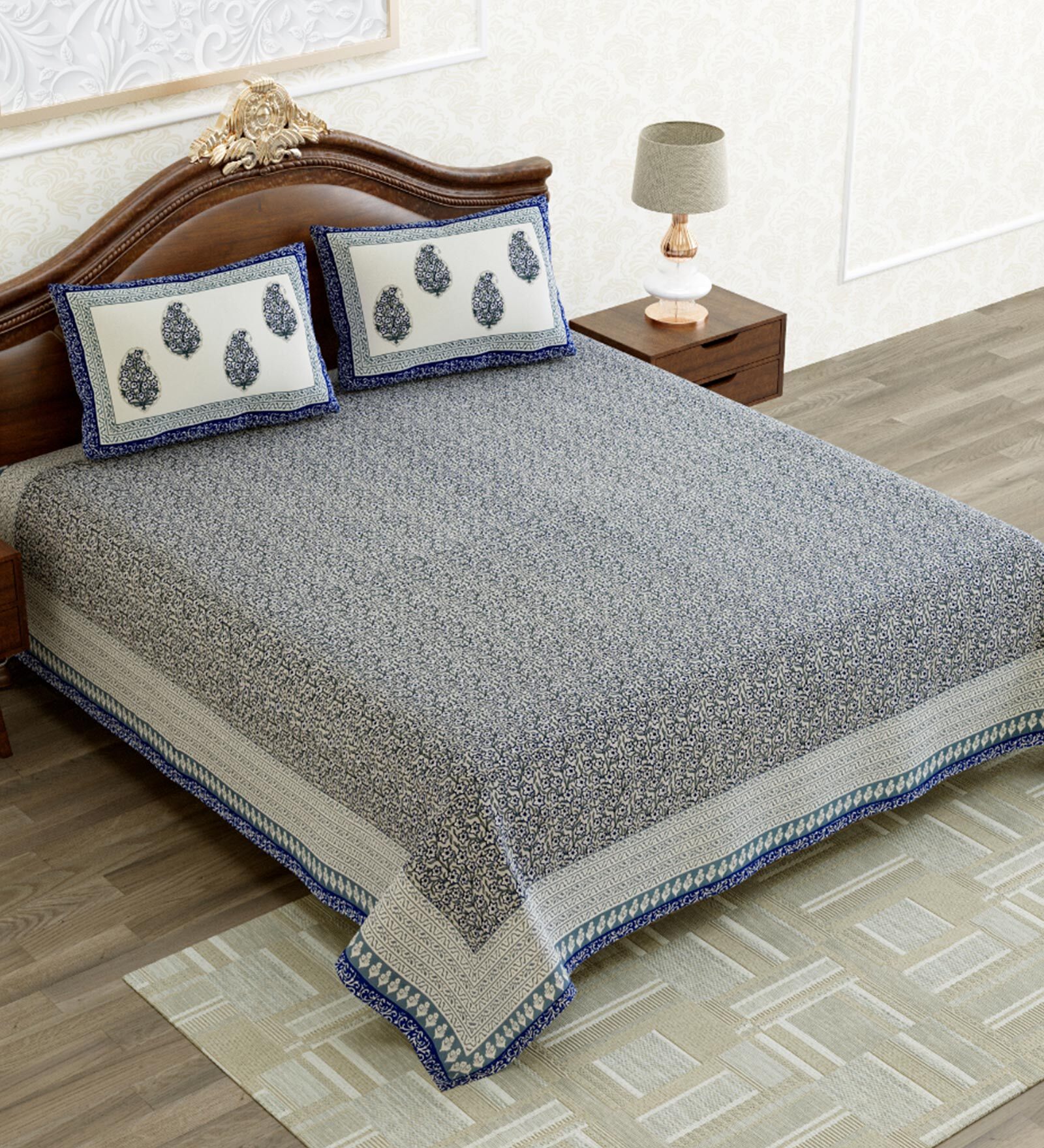 Buy Blue Floral 240 TC Cotton Queen Sized Bed Sheets with 2 Pillow
