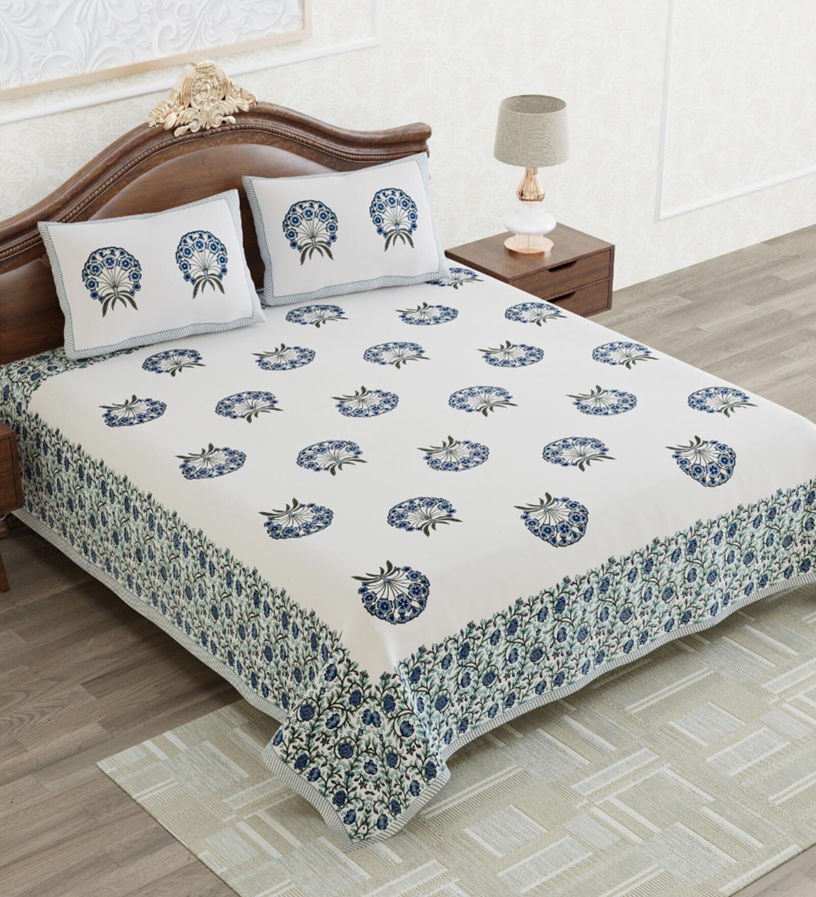 Buy Blue Floral 240 TC Cotton Queen Sized Bed Sheets with 2 Pillow