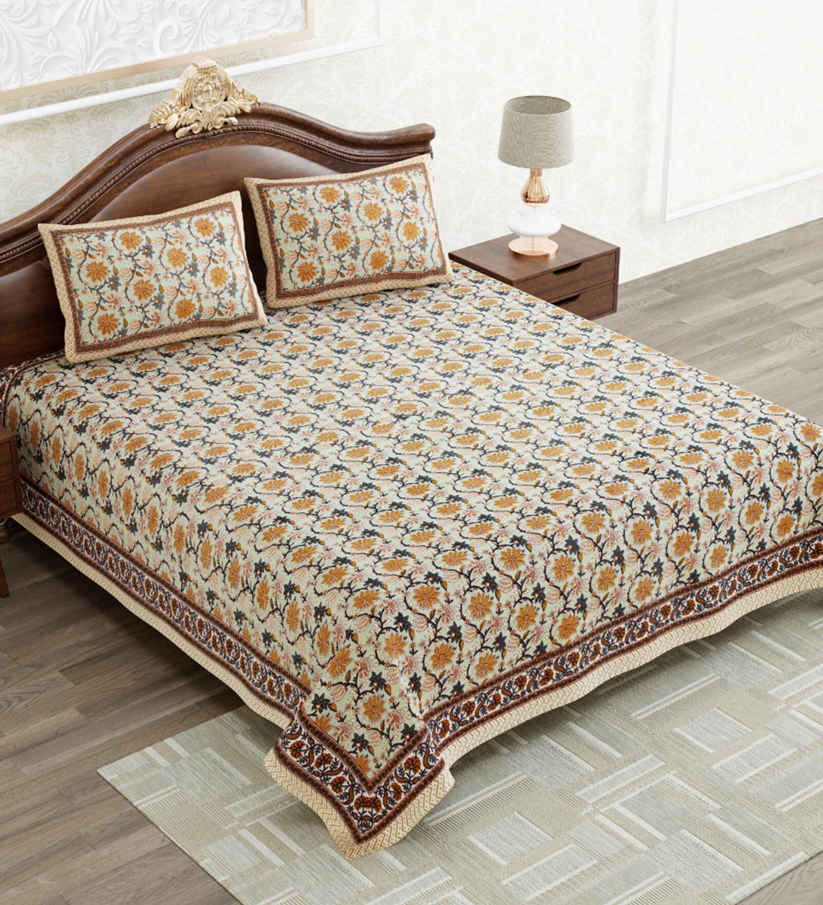 Buy Brown Floral 240 TC Cotton Queen Sized Bed Sheets with 2 Pillow