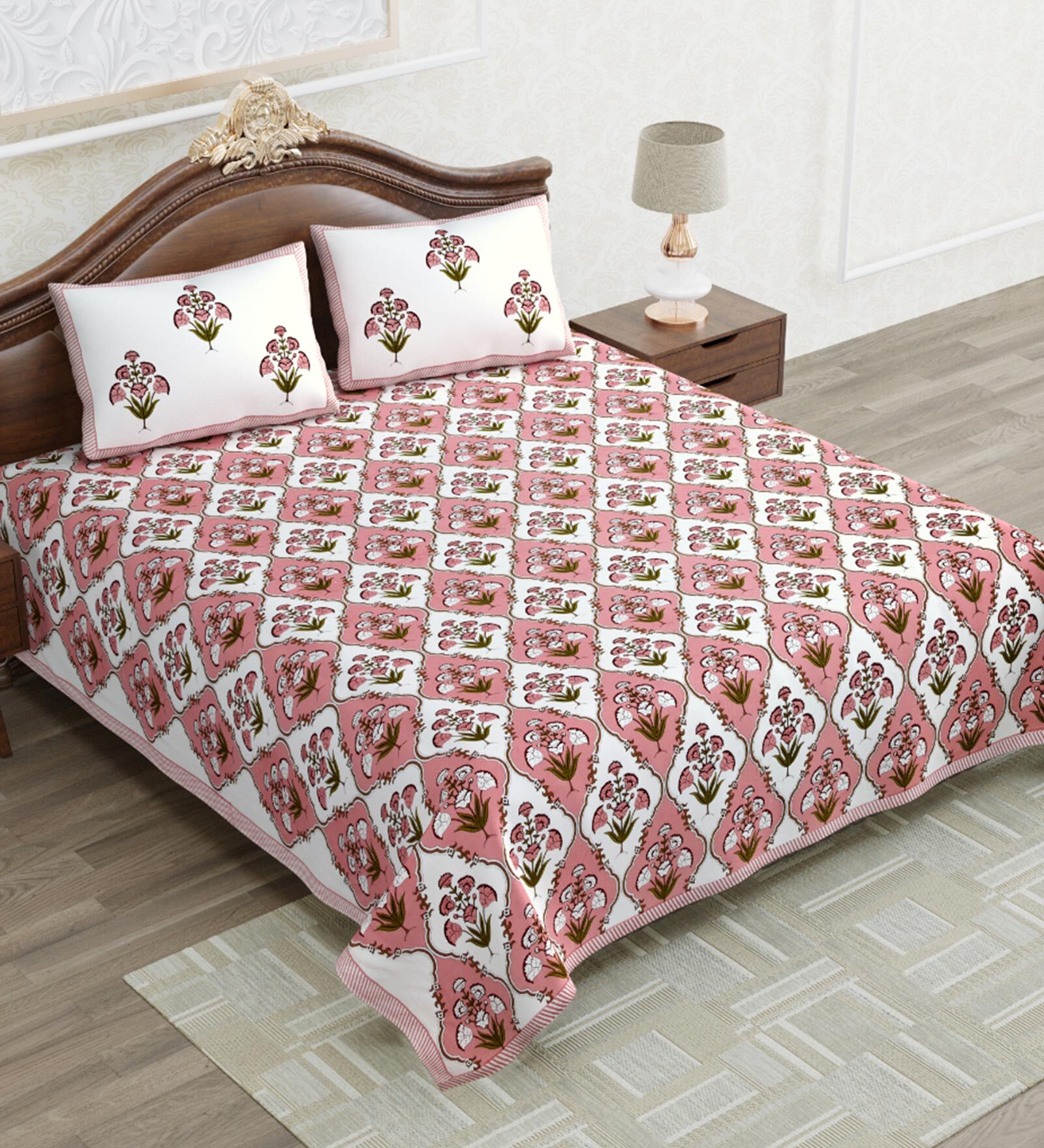 Pink Floral 240 TC Cotton Queen Sized Bed Sheets with 2 Pillow Covers