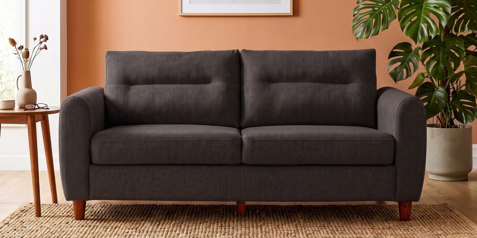 Urban Loft Upholstery 3 Seater Sofa With Solid Wood Frame Legs In Misty Grey Colour