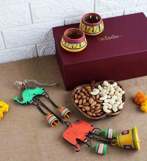 Upahaar Hand-made Red Green Elephants Bell Wall Hanging Gift Box