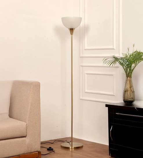 Uplighter Brass Antique Finish Floor Lamp for Living Room with Frosted Glass Lampshade
