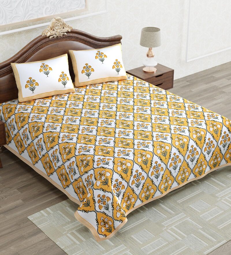 Buy Upvan Yellow Floral Cotton 1 Bedsheet With 2 Pillow Covers By