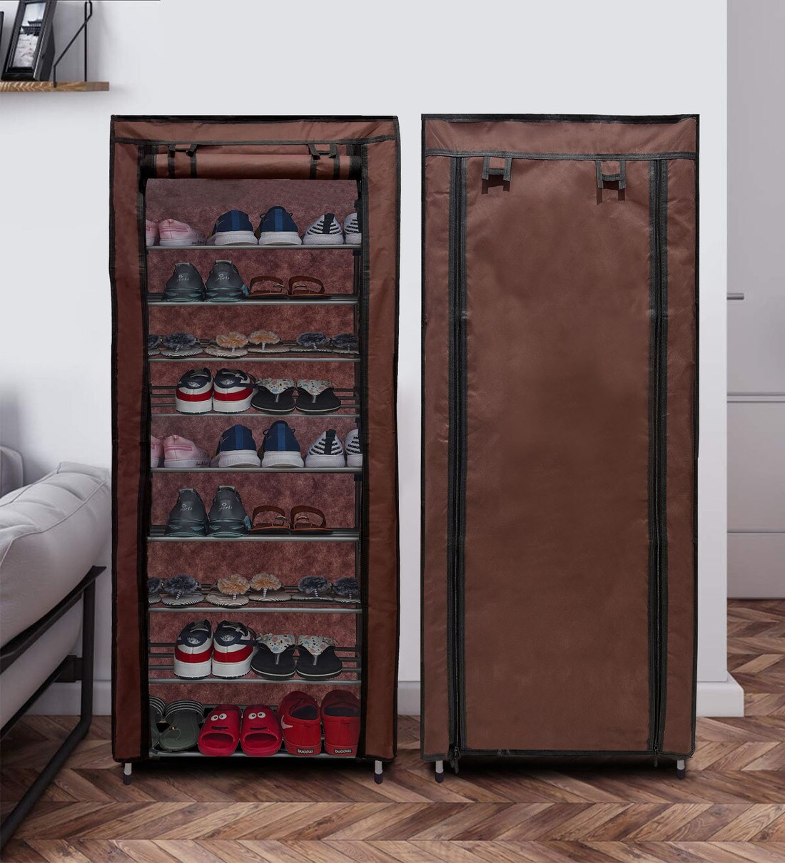 Open Shoe Rack Modular Buy Manesty Fabric 9-Shelves Modular Shoe Rack In Brown Colour at 51% ...