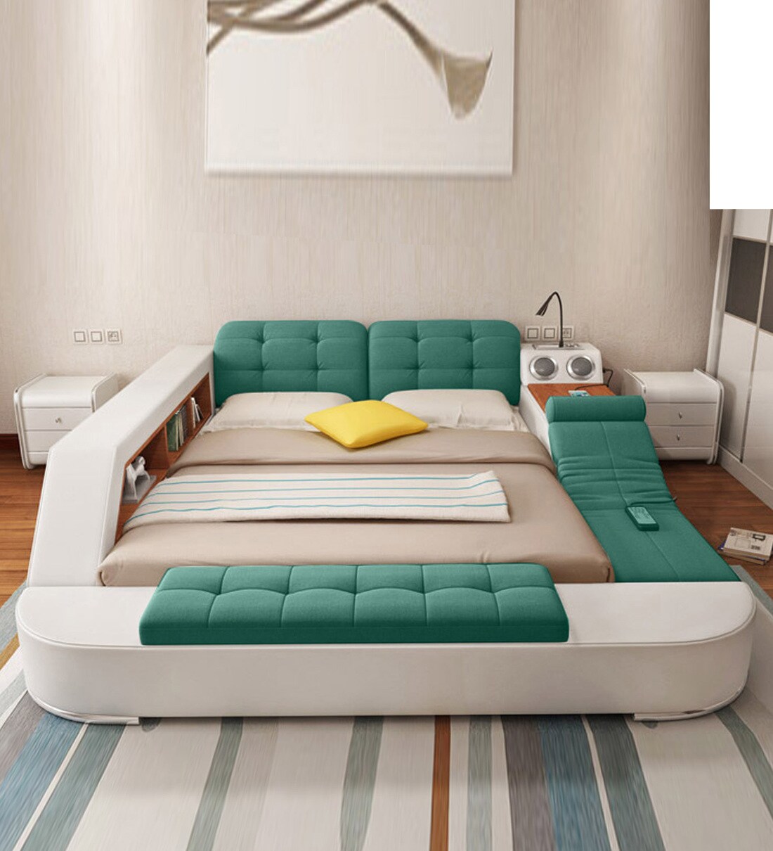 Buy Urban King Size Upholstered Bed with Storage in White & Green