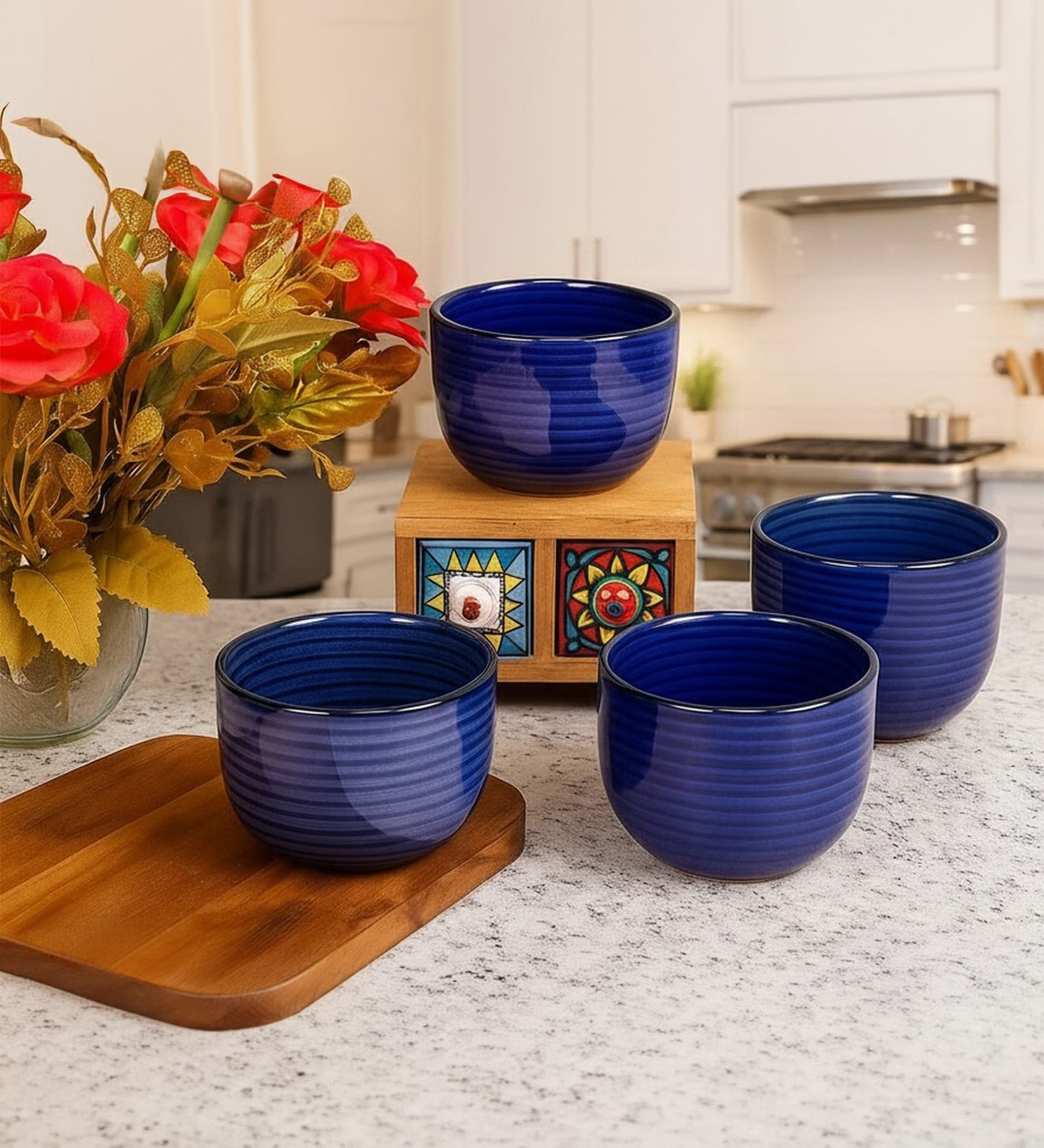 Urban Blue Glaze Ceramic Bowl Set of 4(320ml Each)