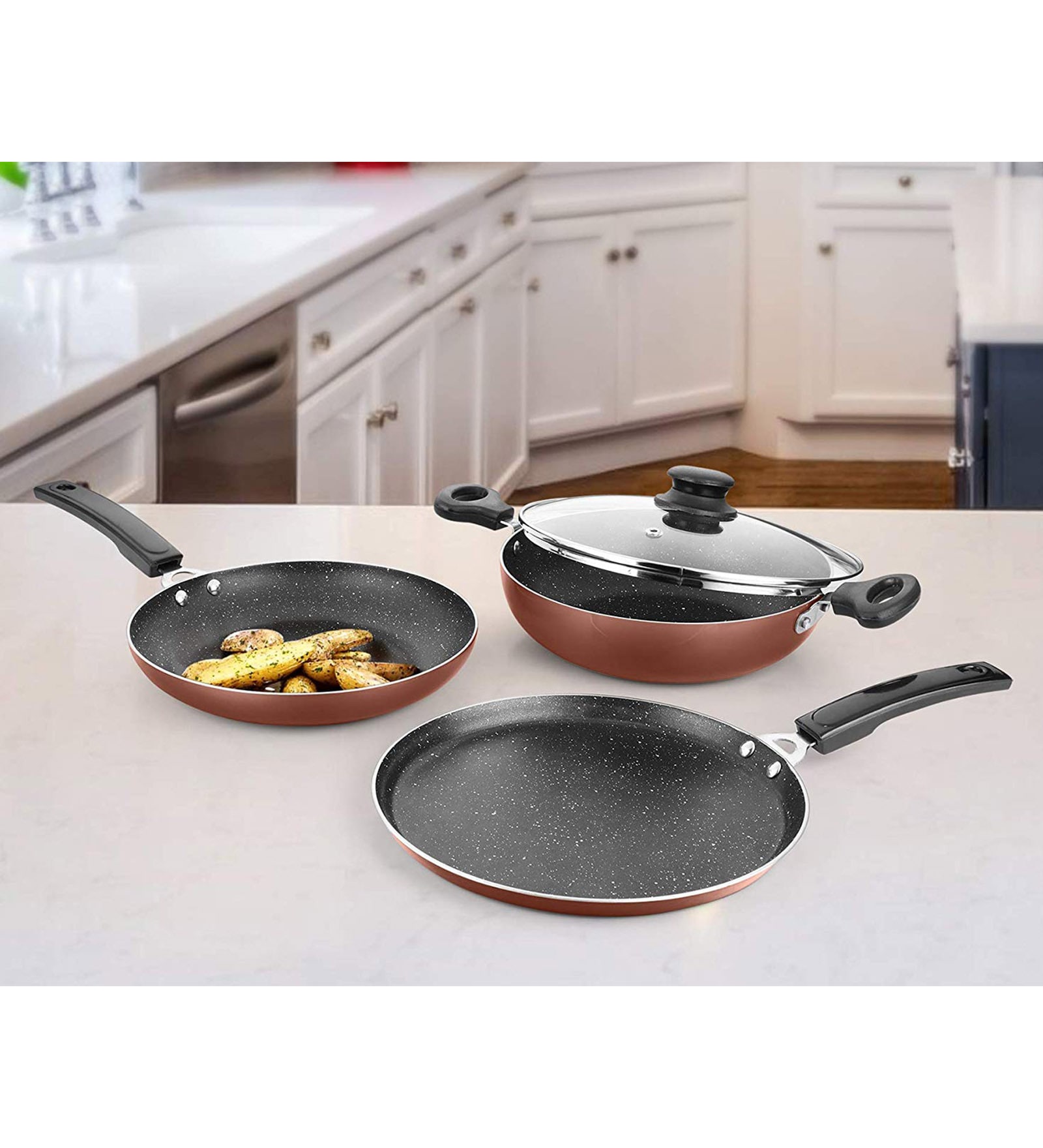 Buy Aluminium NonStick Induction Base Cookware Set of 3 with 1 Glass