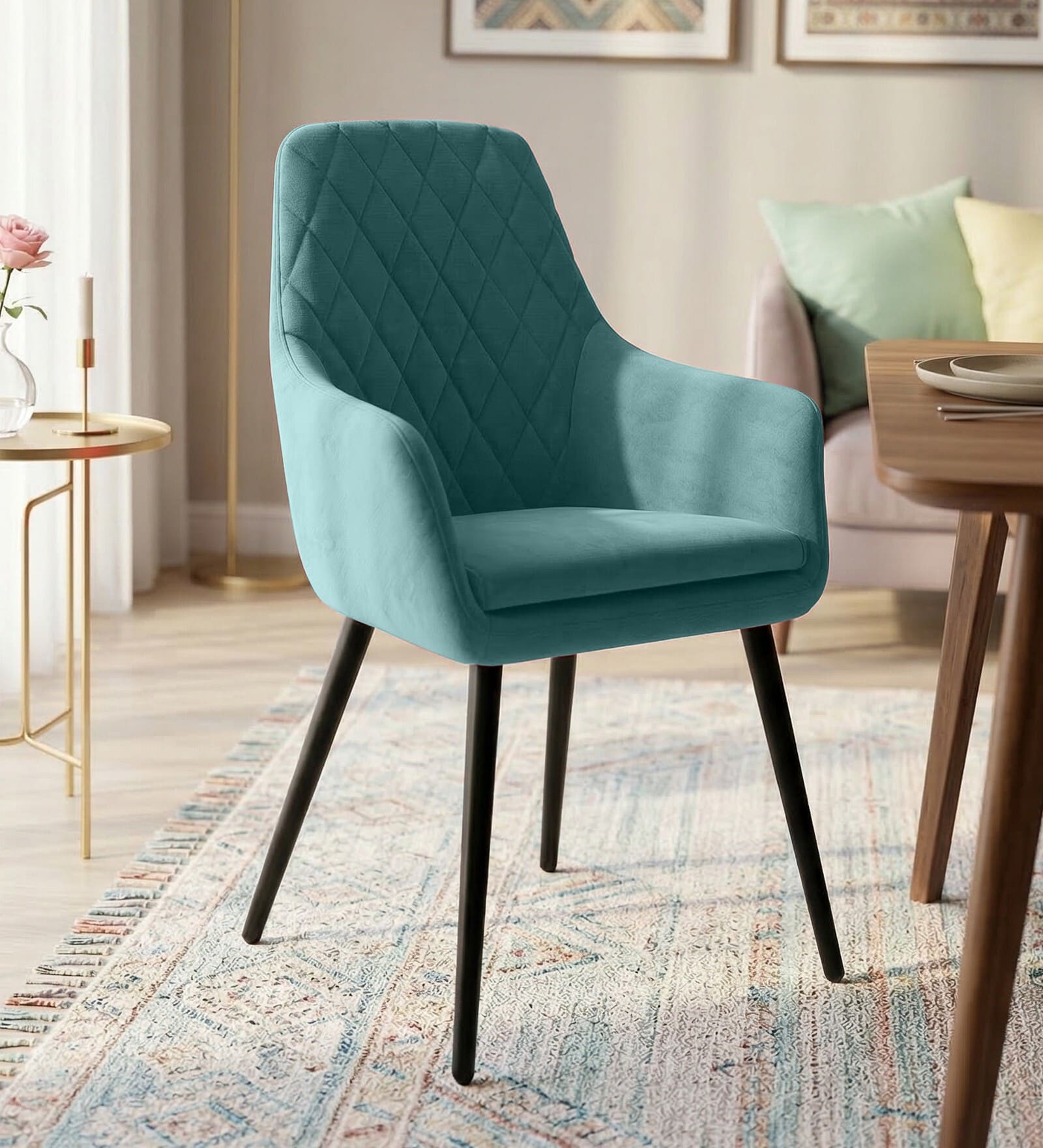 Modern Dining Chair With Armrest In Teal Color