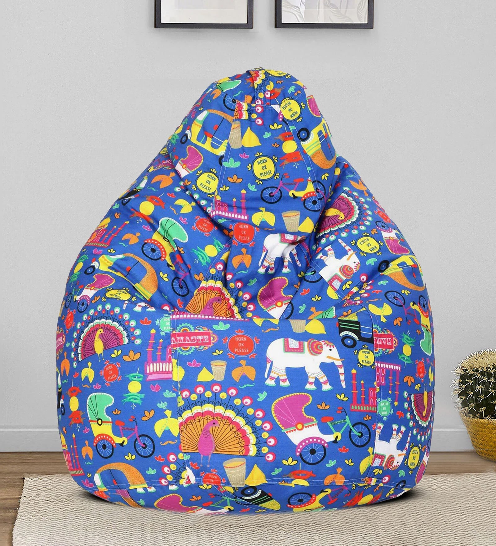 Urban Desi Print XXXL Fabric Bean Bag with Beans in Blue Indian Colour