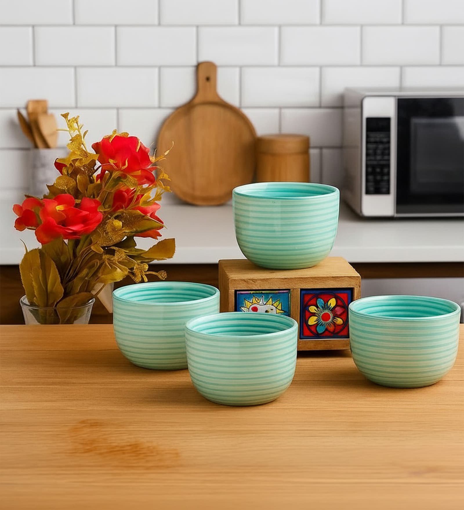 Urban Green Glaze Ceramic Bowl Set of 4(320ml Each)