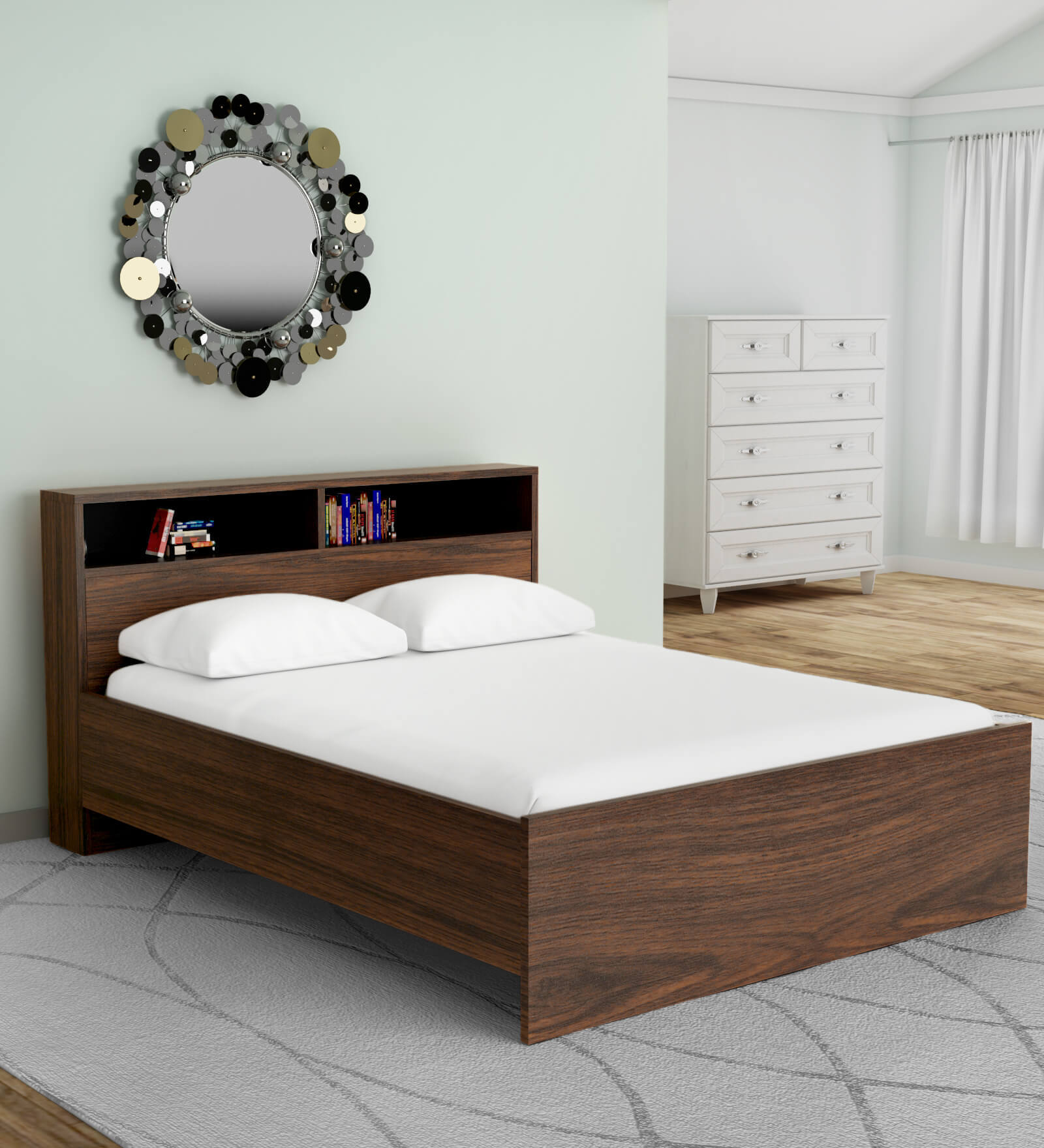 Buy Urban Queen Size Bed With Head Board Shelf Storage in Acacia Dark & Black Finish by Delite