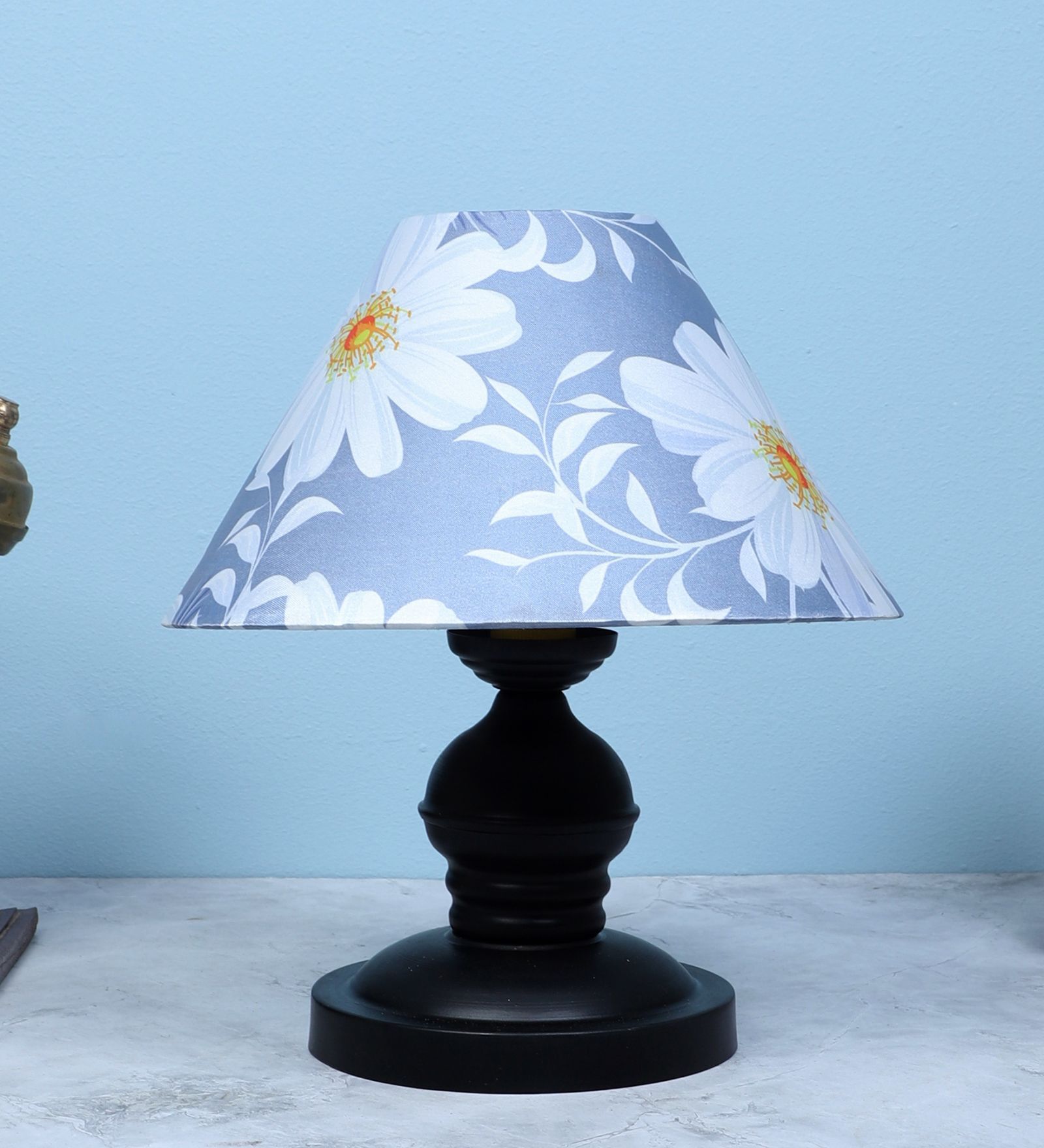 Urban Radiance Black Metal Table Lamp With Narcissue Floral Print Satin Shade