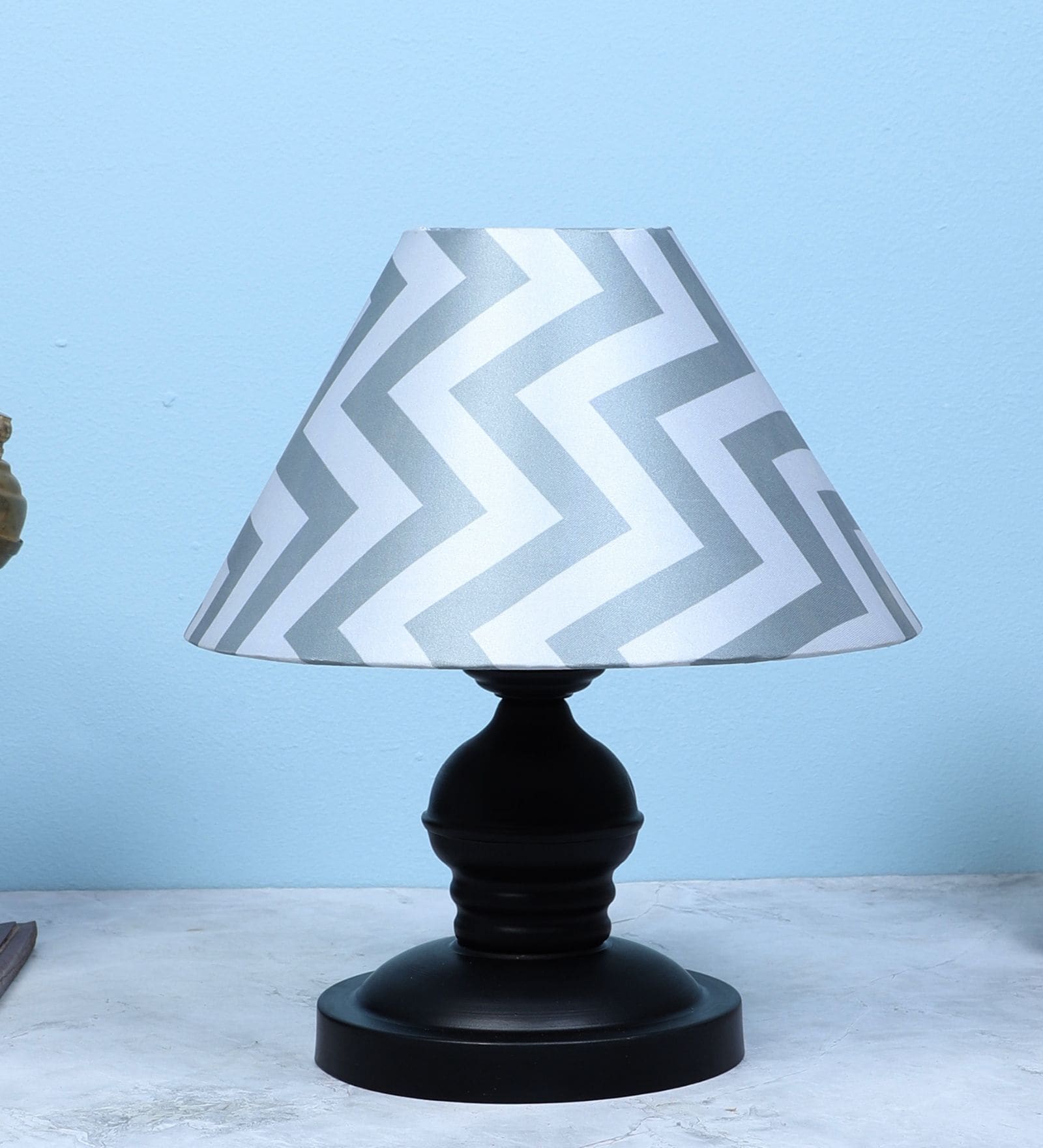 Urban Radiance Black Metal Table Lamp With Maze Print Satin Shade