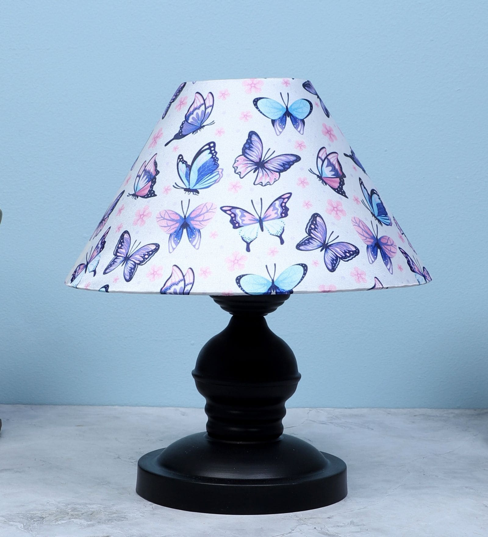 Urban Radiance Black Metal Table Lamp With Butterfly Print Satin Shade