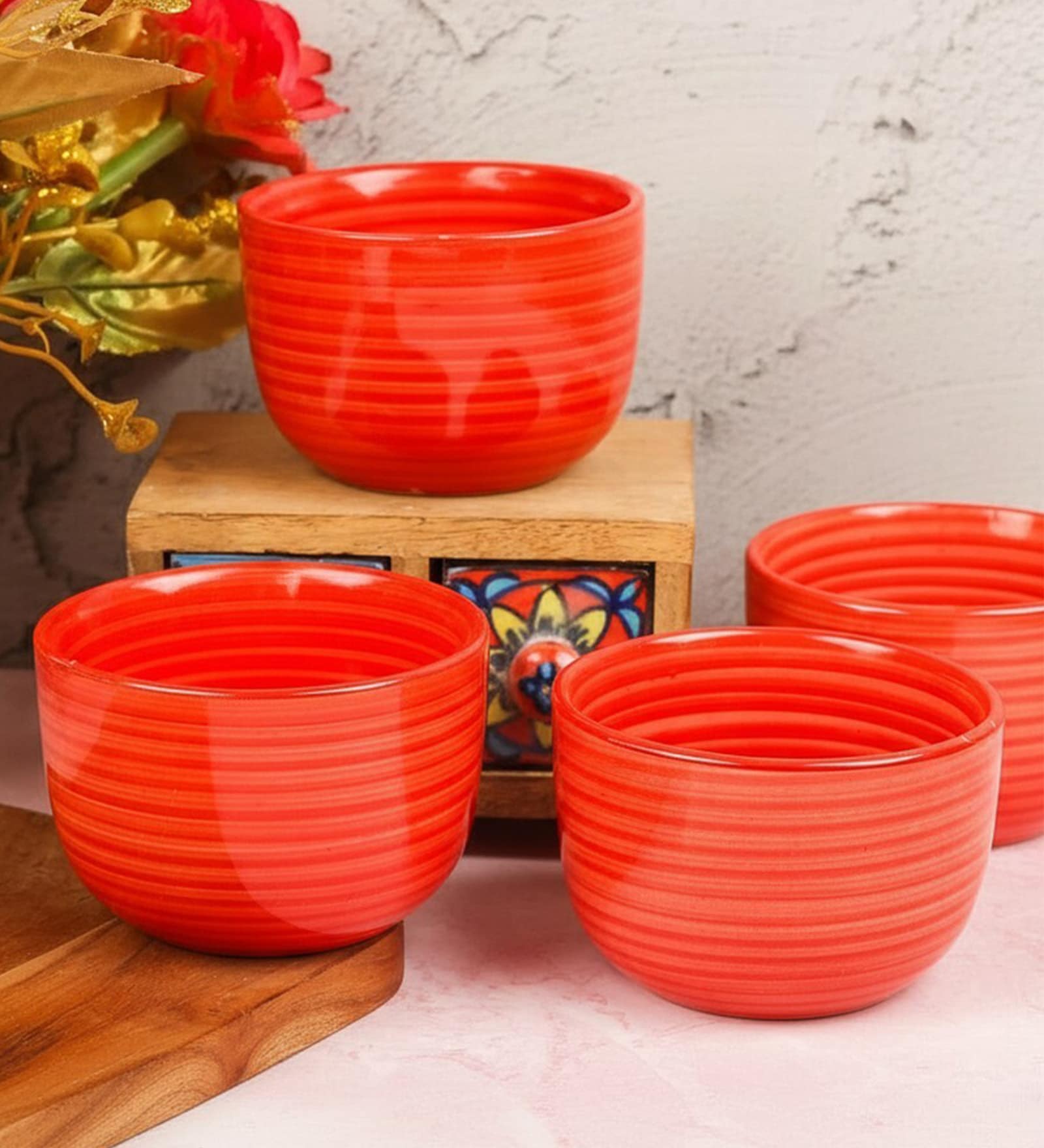 Urban Red Glaze Ceramic Bowl Set of 4(320ml Each)