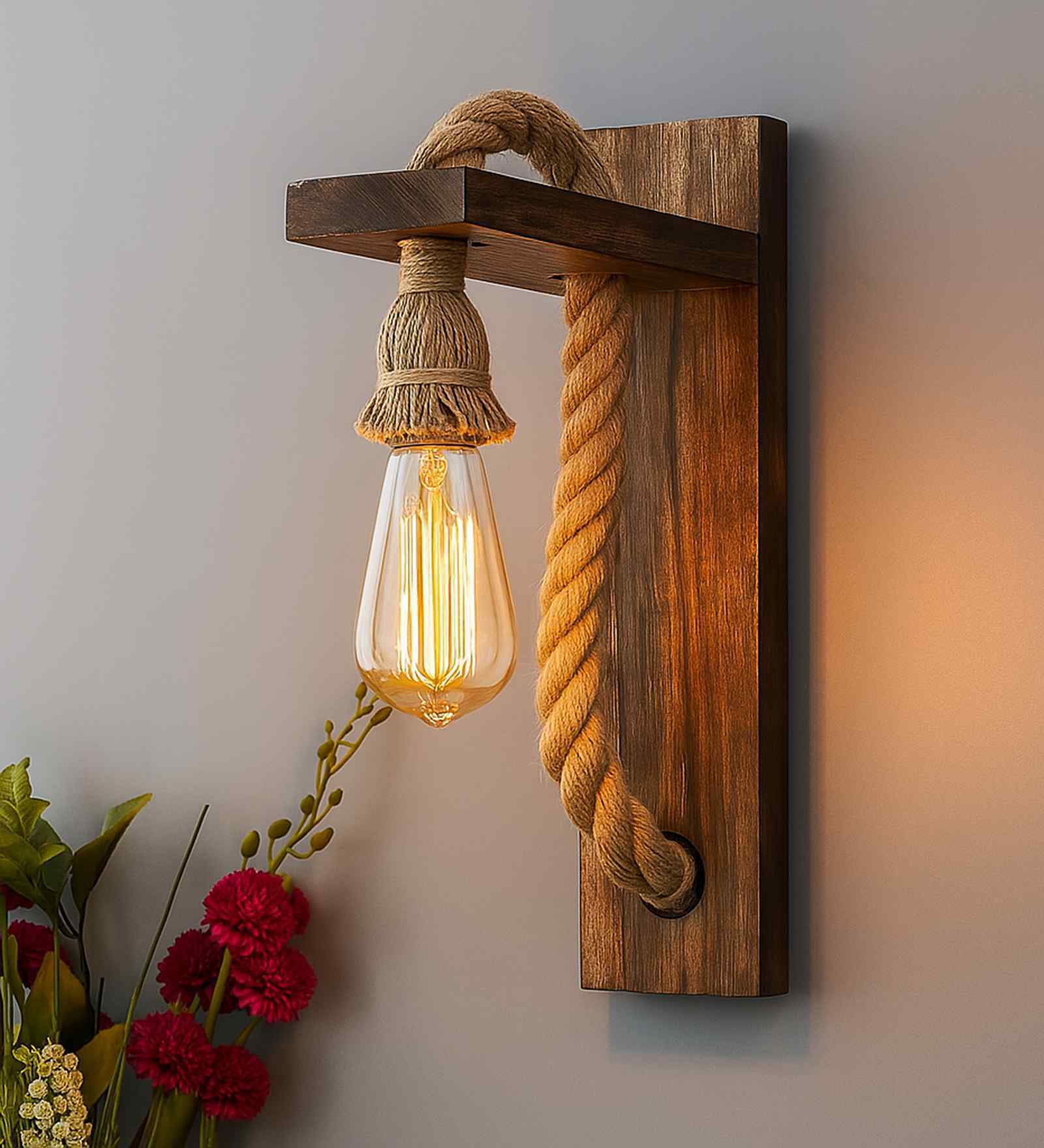 Urban Retro Antique Wood E27 Holder Rope Wall Lamp with LED Filament Bulb