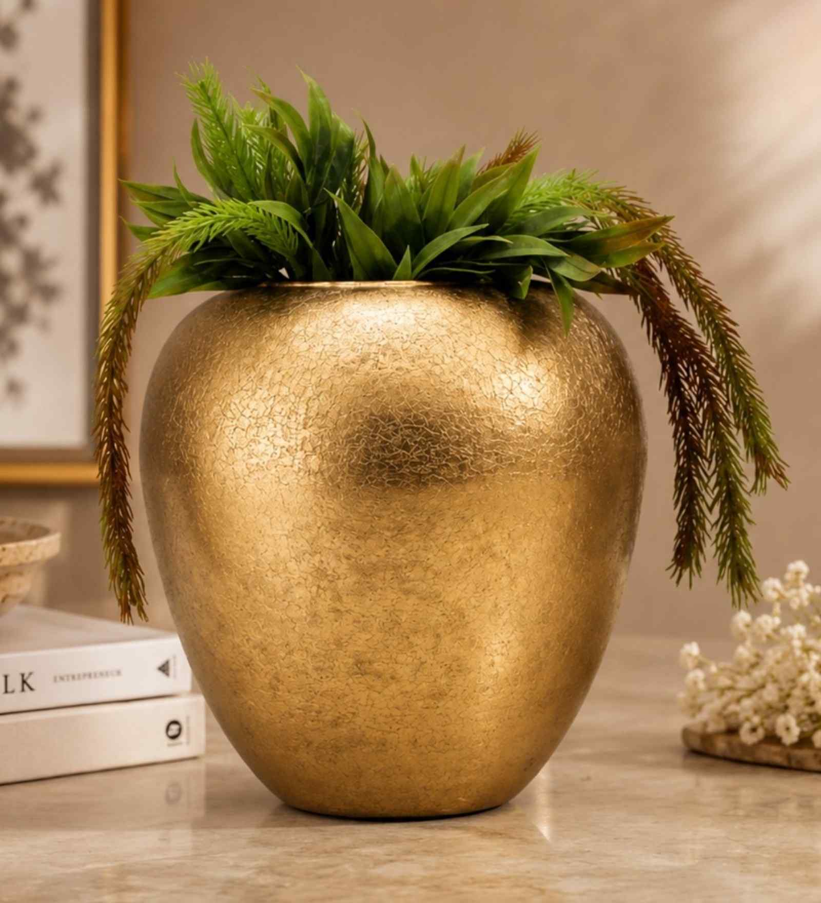 Urn Shape Flower Vase for Home Decor, Iron, Gold-Tone Matte Finish