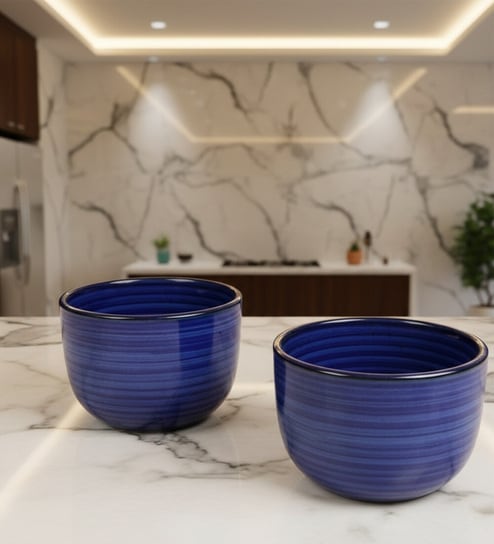 Urban Blue Glaze Ceramic Bowl Set of 2(320ml Each)
