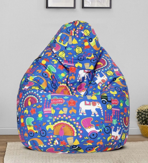 Urban Desi Print XXXL Fabric Bean Bag with Beans in Blue Indian Colour