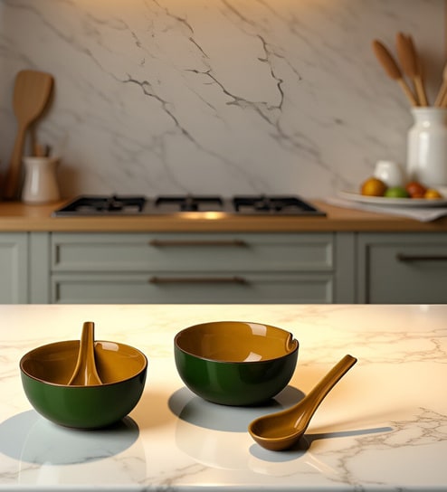 Urban Mattee Green Ceramic Bowl Set of 2(240ml Each)