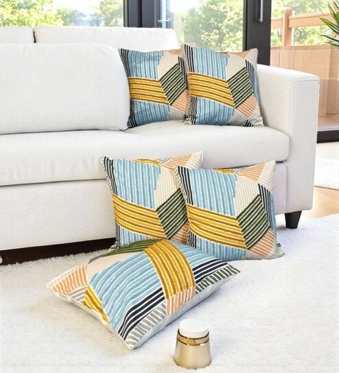 Multicolor Striped Cotton Geometric 18x18 inches Cushion Covers Set of 5
