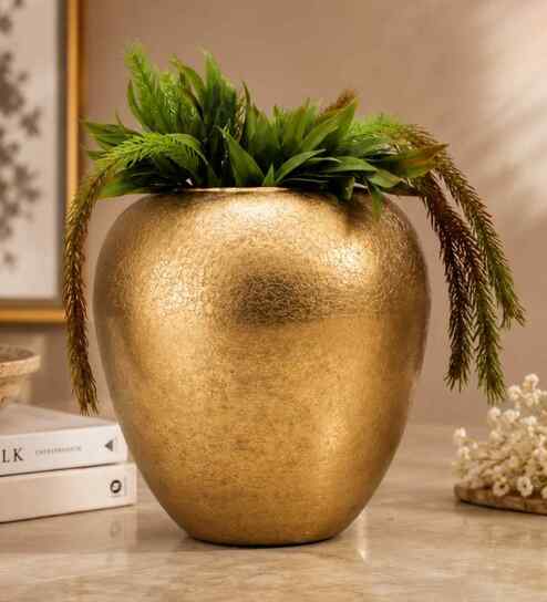 Urn Shape Flower Vase for Home Decor, Iron, Gold-Tone Matte Finish