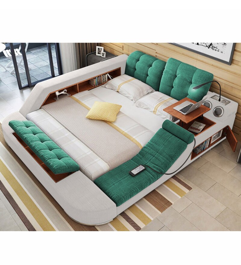 Buy Urban King Size Upholstered Bed with Storage in White & Green