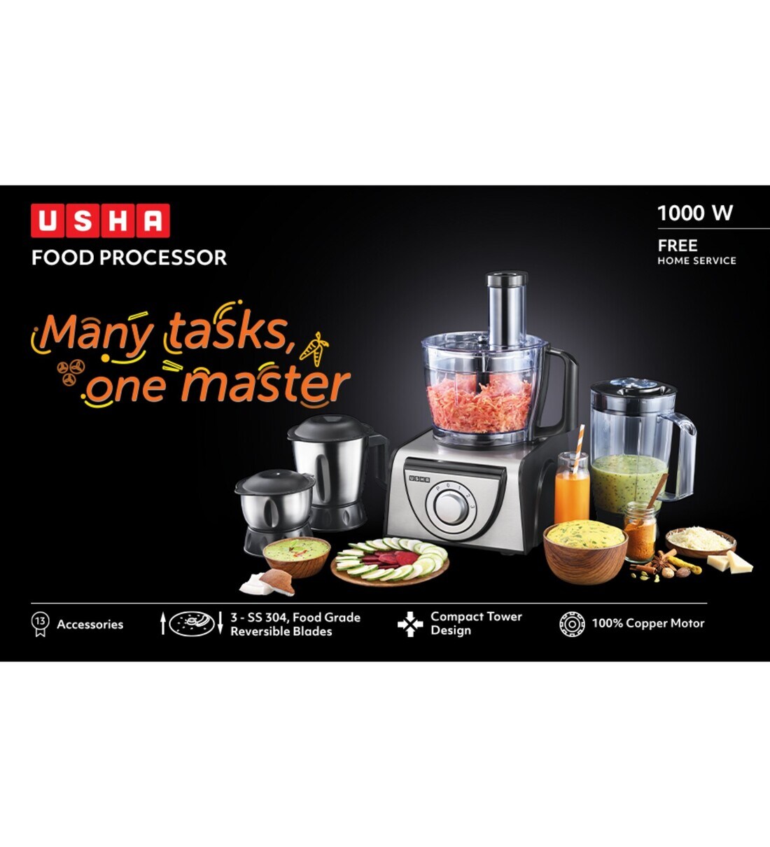 Buy Usha 3810 1000W Food Processor with 13 Accessories & Premium SS