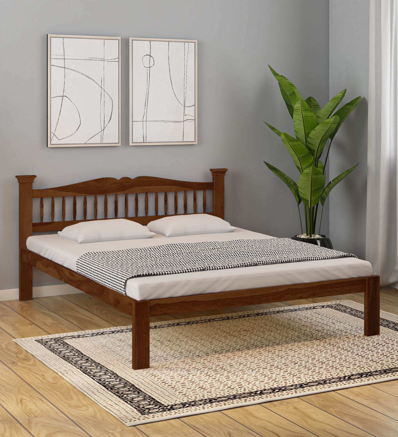 Uttara Sheesham Wood Queen Size Bed In Scratch Resistant Provincial Teak Finish