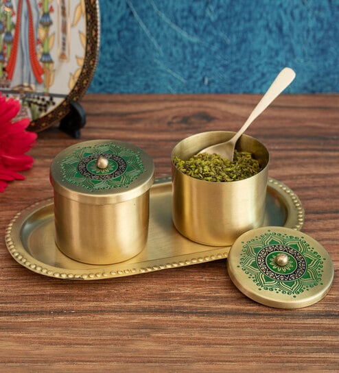 Utsav Gold Brass 2 Pcs Condiment Jar with Tray & Spoon