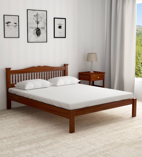 Uttara Solid Wood Queen Size Bed In Provincial Teak Finish By Mudramark