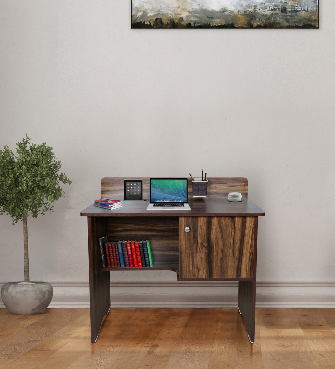 Buy Valent Study Table with Book Shelf & storage in Dark Walnut Finish