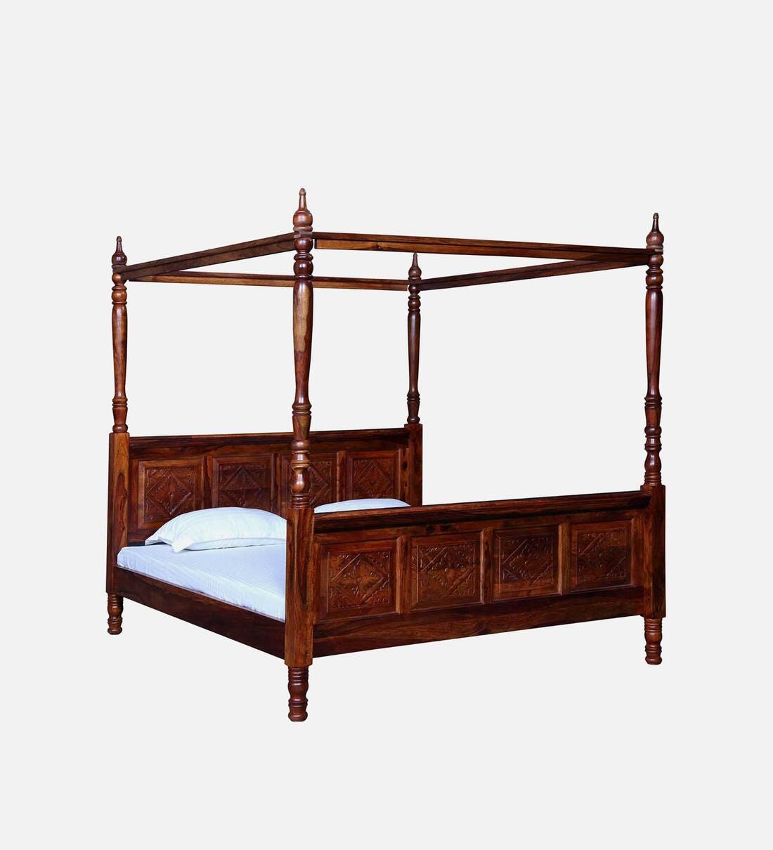 Buy Vayaka Sheesham Wood King Size Poster Bed in Honey Oak Finish