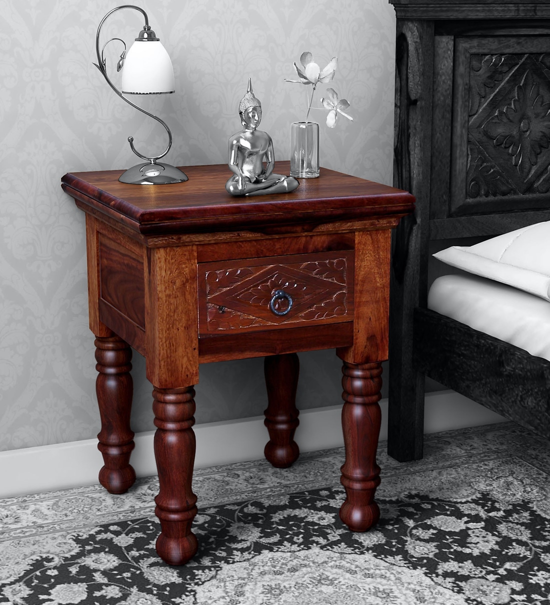 Buy Vayaka Solid Wood Night Stand In Honey Oak Finish By Mudramark Online Traditional Night Stands Tables Furniture Pepperfry Product