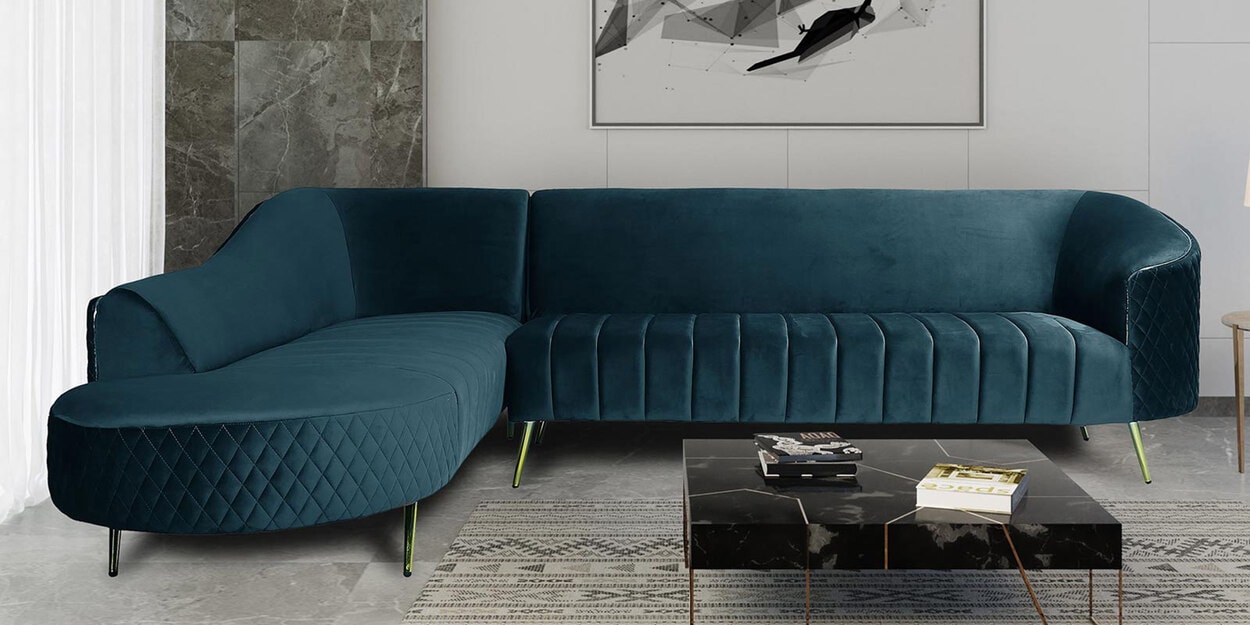 Buy Valencia Velvet RHS Sectional Sofa in Teal Blue Colour Online