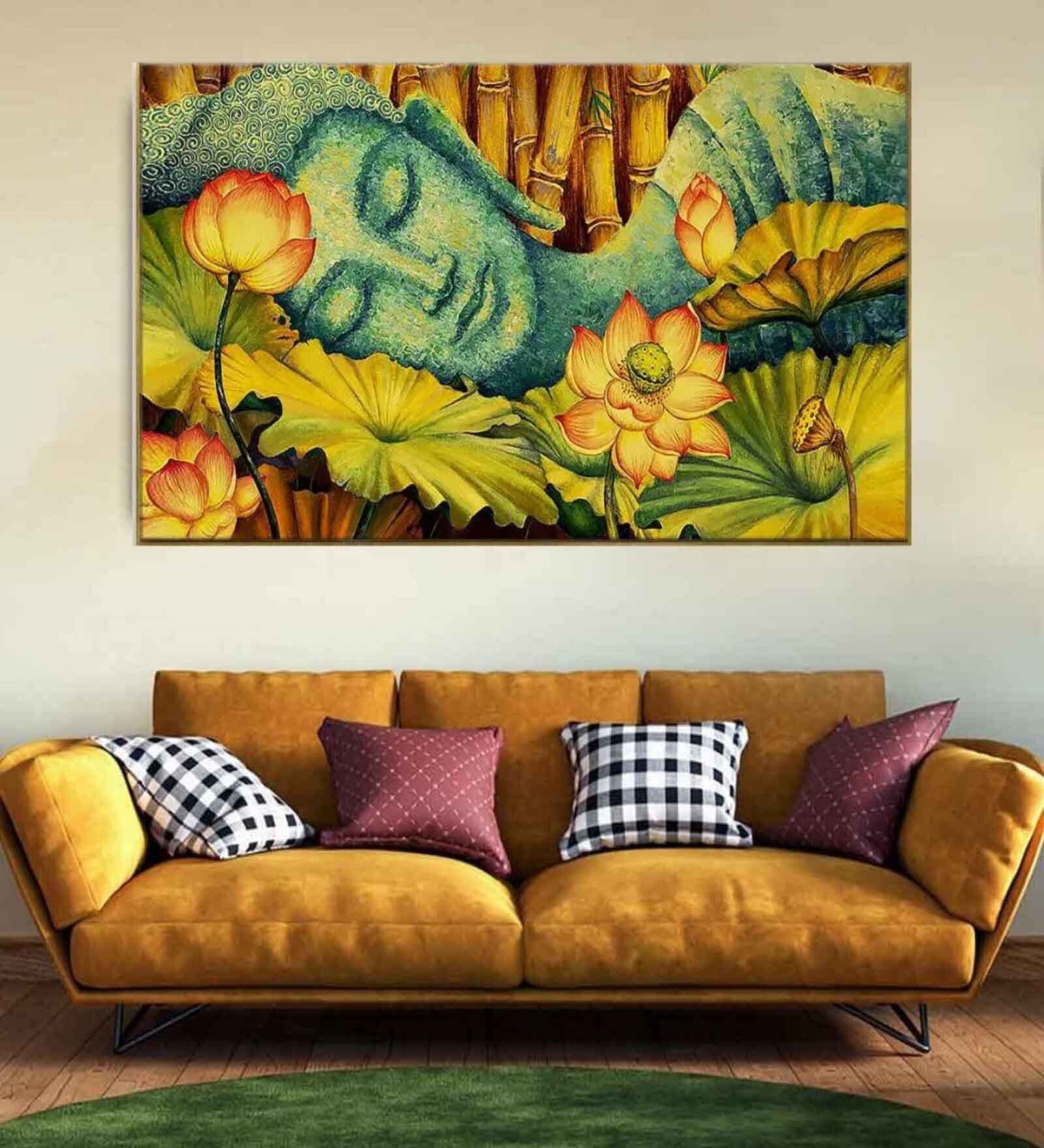 Vaastu Calming Buddha Yellow & Green Canvas Art Print