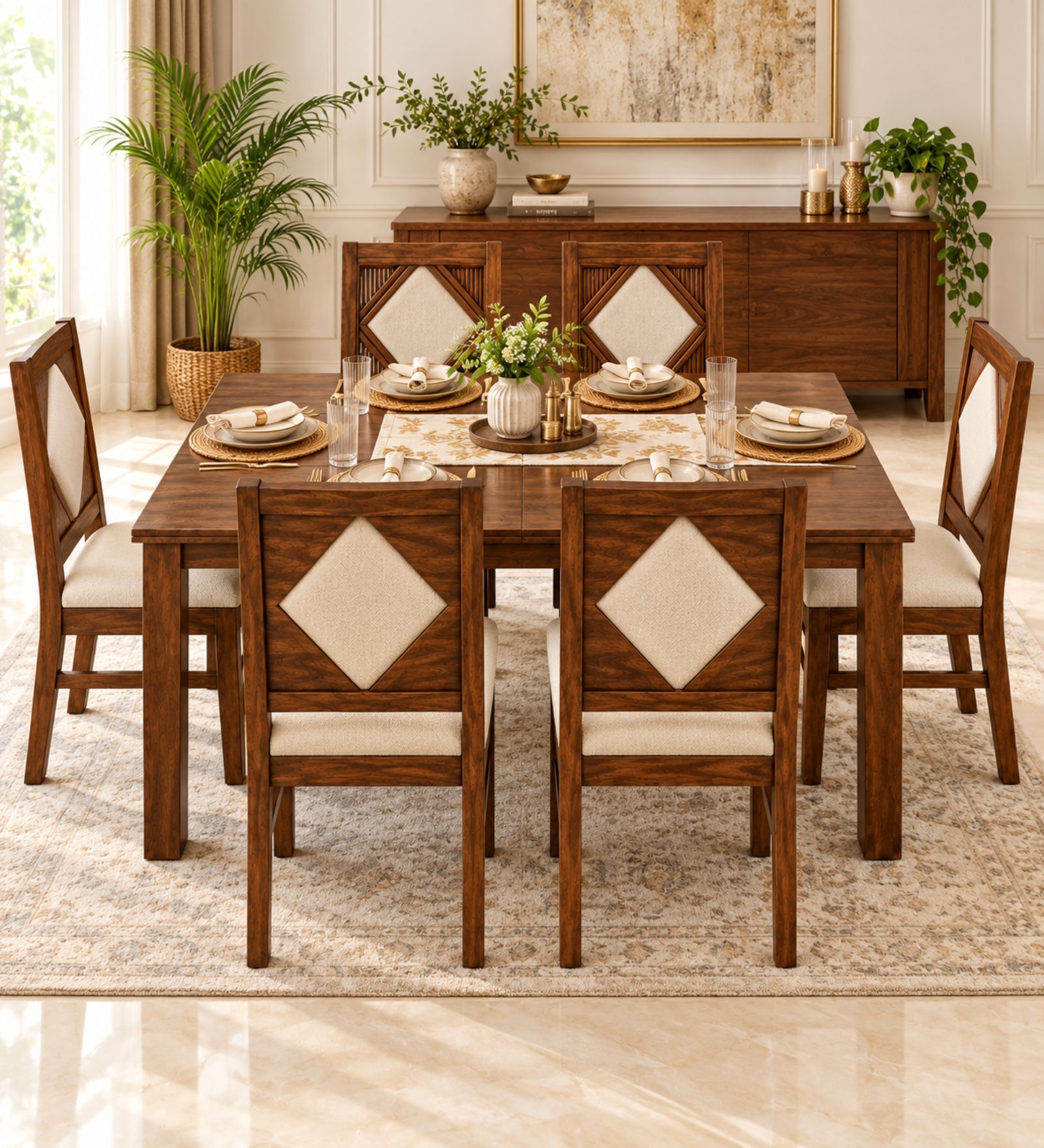 Vajra 6 Seater Dining Set In Provincial Teak Finish With Beige Colour Chair Vajra 6 Seater Dining Set In Provincial Teak Finish With Beige Colour Chair