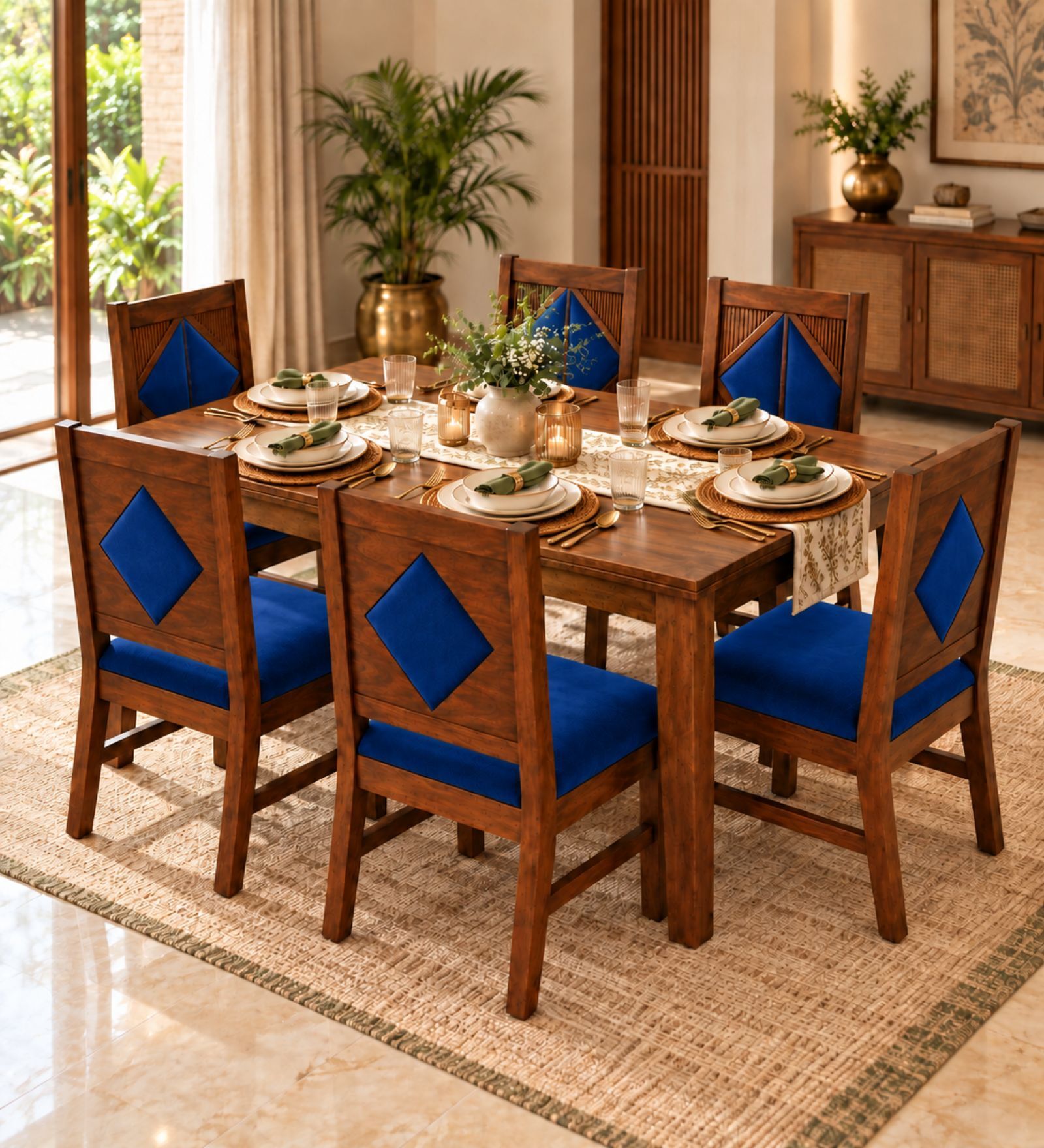 Vajra 6 Seater Dining Set In Provincial Teak Finish With Navy Blue Colour Chair Vajra 6 Seater Dining Set In Provincial Teak Finish With Navy Blue Colour Chair