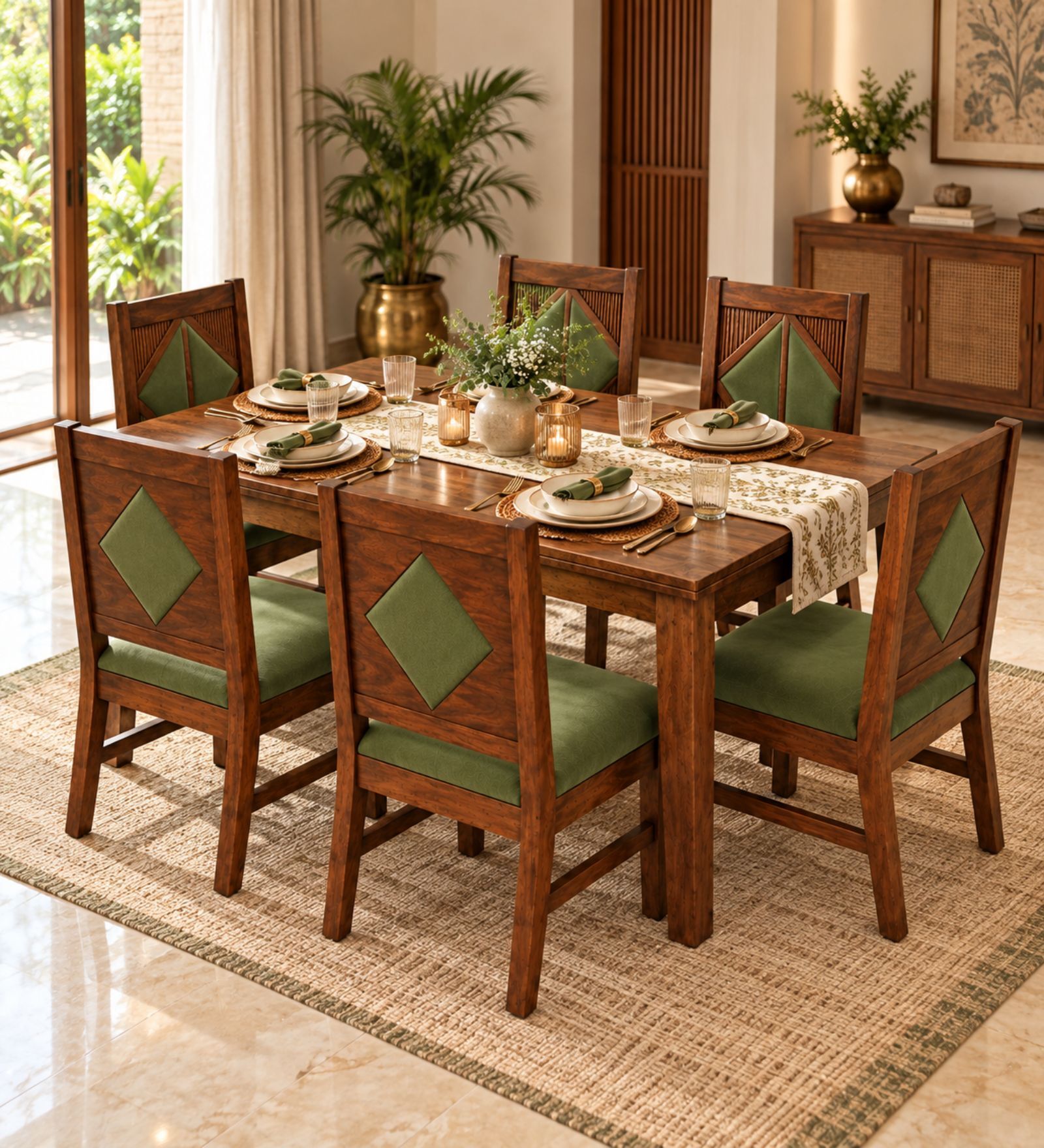 Vajra 6 Seater Dining Set In Provincial Teak Finish With Olive Green Colour Chair Vajra 6 Seater Dining Set In Provincial Teak Finish With Olive Green Colour Chair