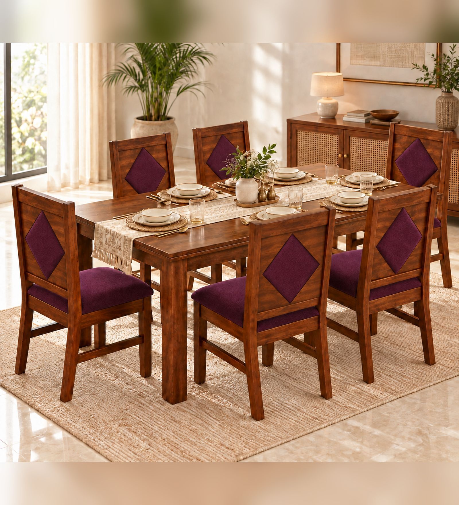 Vajra 6 Seater Dining Set In Provincial Teak Finish With Plum Colour Chair Vajra 6 Seater Dining Set In Provincial Teak Finish With Plum Colour Chair